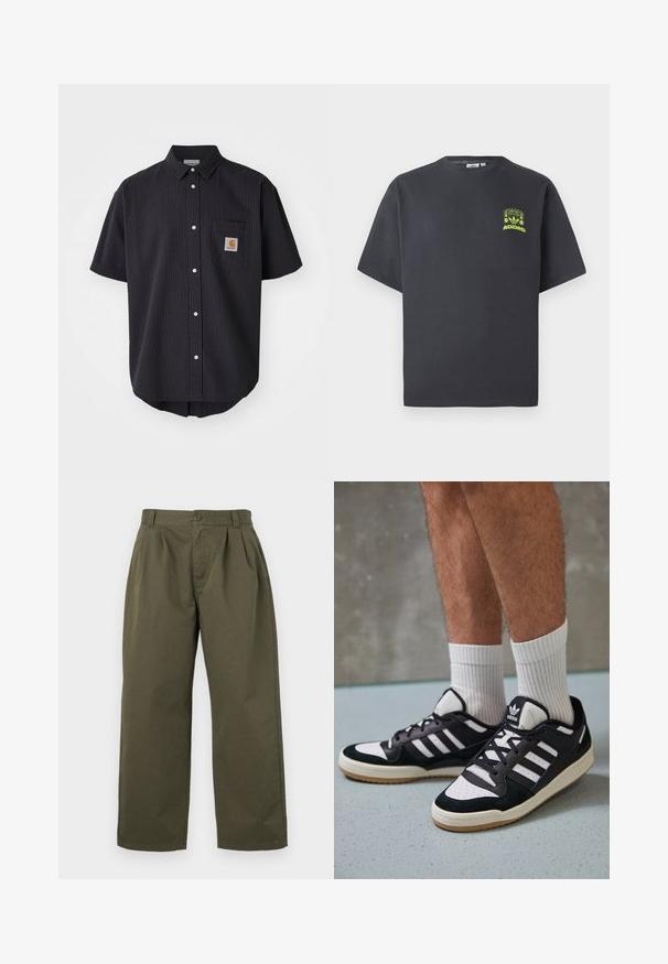 Kurzärmliges, kurz geschnittenes Hemd aus strukturiertem, dunkelblauem Stoff, mit einer Brusttasche vorne, die ein quadratisches Logopatch und weiße Knöpfe aufweist.; Dunkelgraues Adidas-T-Shirt mit kurzen Ärmeln und einem kleinen neongrünen Aufdruck von Lautsprechern, Sonne und dem Adidas-Logo auf der linken Brust.; Olivgrüne Baumwollhosen mit geradem Schnitt, vorderen Falten und einem Knopfverschluss in der Taille. Keine sichtbaren Taschen.; Schwarz-weiße Sneaker mit einem Obermaterial aus Wildleder und Leder, ausgestattet mit drei weißen Streifen, einer perforierten Zehenpartie und einer Sohle aus Gummi.