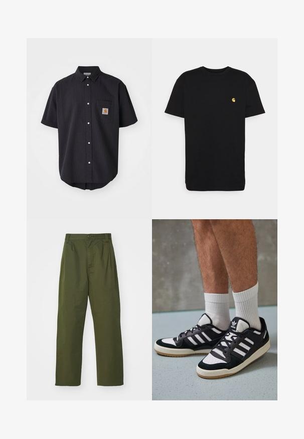 Krátký rukáv, košile na knoflíky z texturované tmavě modré látky, s přední náprsní kapsou a čtvercovou logem a bílými knoflíky.; Černé bavlněné tričko s krátkým rukávem, kulatým výstřihem a malým žlutým logem na levé části hrudi. Jednoduchý design a klasický střih.; Olivově zelené kalhoty s vysokým pasem a rovnými nohavicemi. Vyrobené z lehkého materiálu, s předními sklady a knoflíkovým zapínáním.; Černobílé tenisky s vrchní částí z semišové a kožené kůže, včetně tří bílých pruhů, perforovaného špičky a podrážky z gumy.