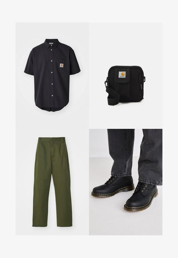 Chemise à manches courtes, à boutons, en tissu texturé bleu marine foncé, dotée d'une poche poitrine à l'avant avec un patch logo carré et des boutons blancs.; Pantalons verts olive, taille haute avec un design à jambe droite. Fabriqués dans un tissu léger, avec des plis à l'avant et une fermeture à bouton.; Bottes en cuir noir à lacets avec une finition texturée, semelle en caoutchouc épaisse et accents de coutures jaunes, accompagnées de pantalon en denim gris.; Sac bandoulière noir avec un compartiment principal zippé, une poche frontale, une sangle ajustable et un patch logo visible sur le rabat.