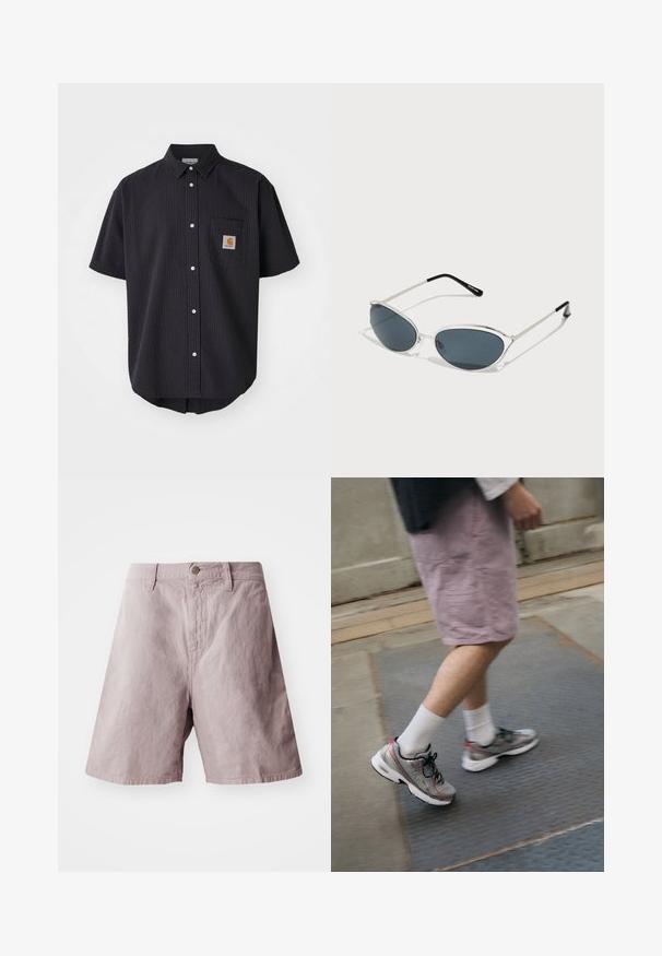 Chemise à manches courtes, à boutons, en tissu texturé bleu marine foncé, dotée d'une poche poitrine à l'avant avec un patch logo carré et des boutons blancs.; Shorts en coton violet clair avec une taille plate, une fermeture à bouton sur le devant et des poches latérales. Texture lisse avec une coupe décontractée.; Baskets grises avec des accents rouges, dotées d'un upper en maille et d'une semelle rembourrée, portées avec des chaussettes blanches et un short rose clair.; Lunettes de soleil avec monture en métal argenté, en forme d'œil de chat, verres teintés foncés et embouts noirs sur les branches. Design épuré et minimaliste.