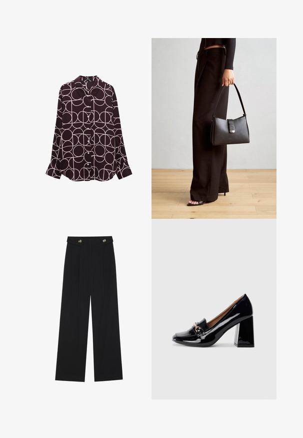 Long-sleeve button-up shirt in deep purple fabric with a light pink circular pattern. Features a classic collar and cuffed sleeves.; Black wide-leg trousers with high waist, button details on waistband, and front pleats.; Black patent leather high-heeled shoe with a pointed toe and block heel. Features a decorative strap and buckle detail on the vamp.; Black handbag with structured shape, smooth texture, and a metallic clasp. Paired with wide black pants and open-toe sandals on wooden floor.