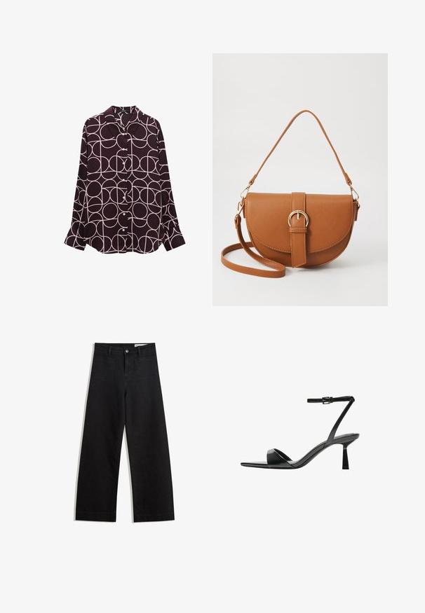 Lange mouw knoopsluiting shirt in diep paarse stof met een lichtroze cirkelpatroon. Heeft een klassieke kraag en geknoopte mouwen.; Zwarte denim broek met wijde pijpen en een hoge taille, voorzien van voor- en achterzakken, gestikte naden en een knoopsluiting. Gladde textuur.; Bershka Sandalen met hoge hak - black; Bruine leren schoudertas met een gebogen vorm, gouden hardware en een gespaccent. Bevat een afneembare schouderriem.