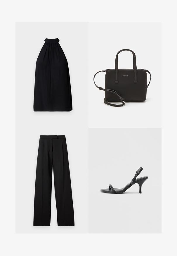 Must mustrõng mustrõng kerge kangast. Omab kõrget kaela ja volditud detaile, luues lõdva ja voolava silueti.; Mustad laiad püksid sileda tekstuuriga, millel on tasane eesmine osa ja kohandatud vöökoht. Lihtne disain ilma nähtava riistvarata või mustriteta.; Mustad nahast kõrgete kontsadega sandaalid, millel on saledad, kõverad kontsad ja ristatud rihma disain. Reguleeritav pahkluu rihm. Sile tekstuur.; Musthave mustrans vöö ja eemaldatav õlarihm. Gludike nahk siledaga, millel on tõmblukk ja logo detail.