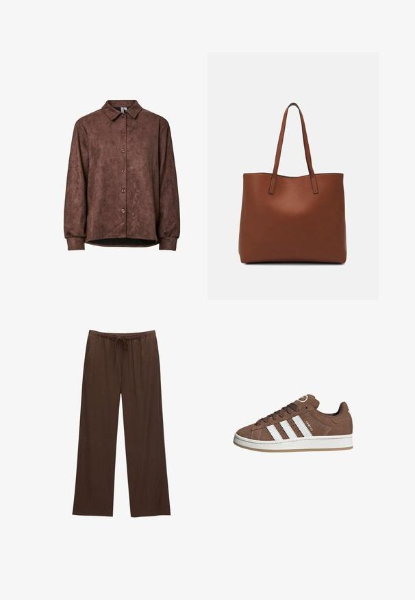 Giacca camicia in finta suede marrone con colletto a punte, chiusura con bottoni e maniche lunghe. Texture morbida e vestibilità rilassata con orlo curvo.; Pantaloni larghi marroni realizzati in tessuto morbido, con vita elastica e cordoncino, e due tasche laterali.; Sneakers in suede marrone con strisce in pelle bianca, suola in gomma, punta rotonda e lacci. Presentano un logo sulla linguetta e dettagli perforati.; Borsa tote in pelle marrone con texture liscia, design con apertura superiore e due spallacci. Presenta cuciture minime e nessun hardware visibile.