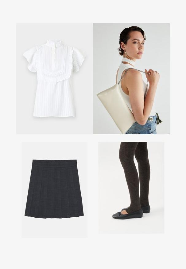 Blusa branca de manga curta com colarinho alto e franzido, fecho de botão e detalhes decorativos em renda. Apresenta riscas verticais e um corte solto.; Saia pregueada cinza escuro com cintura elástica, apresentando um tecido texturizado e uma silhueta clássica em A. Adequada para uso casual.; Sapatos planos pretos com um pequeno laço na ponta, emparelhados com meias-calças caneladas castanhas escuras. Os sapatos têm uma textura suave e um design discretamente baixo.; Bolsa de mão retangular branca, feita de material brilhante, com uma alça em corrente prateada. Modelo posa, exibindo a bolsa contra um fundo simples.