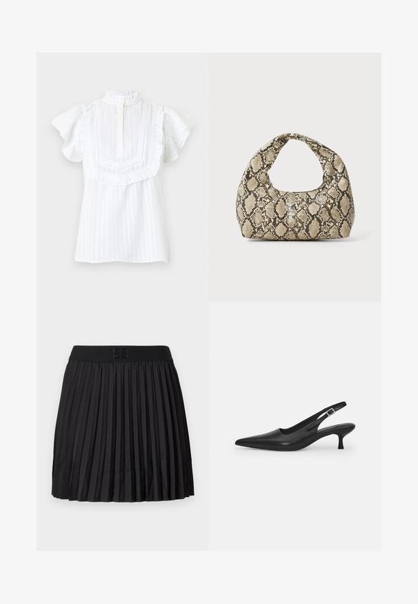 Blusa bianca a maniche corte con colletto alto e arricciato, chiusura con bottoni e dettagli in pizzo decorativo. Presenta righe verticali e una vestibilità ampia.; Gonna nera plissettata con una texture liscia, dotata di una vita nera unita e un dettaglio del logo impresso sul davanti.; Scarpa slingback nera in pelle con punta affusolata e tacco sottile e curvato. Presenta una discreta fascia regolabile con una fibbia in metallo.; Borsa a stampa rettile con manico curvo. Realizzata in materiali testurizzati beige e marroni, presenta un distintivo motivo a rombi.