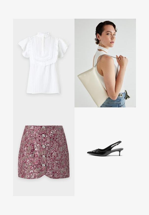 Valkoinen lyhythihainen pusero, jossa on korkea röyhelökaulus, napitus ja koristeellista pitsiä. Sisältää pystysuoria raitoja ja löysän istuvuuden.; Vaaleanpunainen paljettihame, jossa on teksturoitu kudos, ominaispiirteenä muotoiltu malli ja viisi hopeista nappia edessä. Muotoiltu helma ja kimaltavat yksityiskohdat.; Mustat nahkaiset slingback-korkokengät, joissa on terävä kärki, pieni kitten-korko ja koristeellinen solki edessä. Yksinkertainen pinta kauttaaltaan.; Valkoinen suorakulmainen clutch-laukku, joka on valmistettu kiiltävästä materiaalista ja jossa on hopeinen ketjuolkahihna. Malli poseeraa laukku käsivarsillaan yksinkertaista taustaa vasten.
