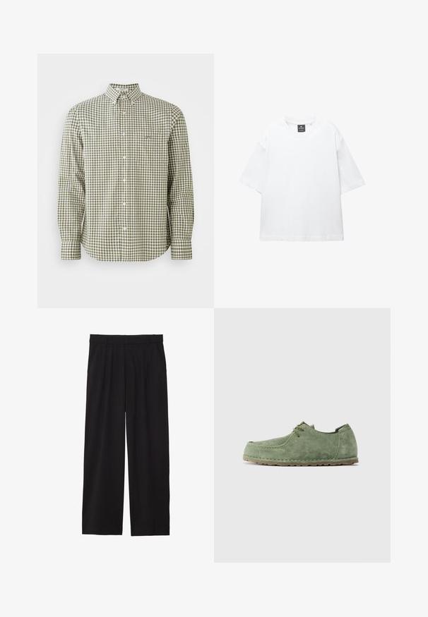 Grün-weiß kariertes Langarmhemd mit Button-Down-Kragen, ausgestattet mit einer kleinen Brusttasche und weißen Knöpfen.; Weißes T-Shirt mit kurzen Ärmeln aus Baumwolle, das über einen Rundhalsausschnitt und einen lockeren Schnitt mit geradem Saum verfügt. Keine Muster oder Verzierungen.; Schwarze, weite Hose mit gefälteltem Vorderteil, seitlichen Taschen und einer glatten Stoffstruktur. Entworfen für eine entspannte Passform.; Grüner Wildlederschuh mit Schnürung, ausgestattet mit gestickten Details und brauner Gummisohle, seitlich auf einem einfarbigen Hintergrund dargestellt.