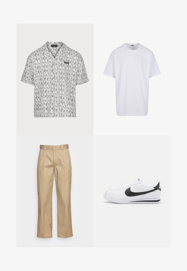 Srajca s kratkimi rokavi in ovratnikom v beli in črni barvi. Ima valovit vzorec, gumbno zapiranje spredaj in diskretno logo na prsih. Lahka tkanina.; Bela bombažna majica s kratkimi rokavi, okroglim izrezom, sproščenim krojem in brez vidnih logotipov ali vzorcev. Gladka tekstura in minimalen dizajn.; Kaki hlače s ravnim krojem, narejene iz trpežnega blaga, z gladko teksturo in dvojno pregibno sprednjo stranjo za dodatne detajle.; Bele športne copate iz belega usnja z črnimi Nike swoosh, ravnimi vezalkami in teksturiranim gumijastim podplatom. Okrogla konica in oblazinjen ovratnik za udobje.