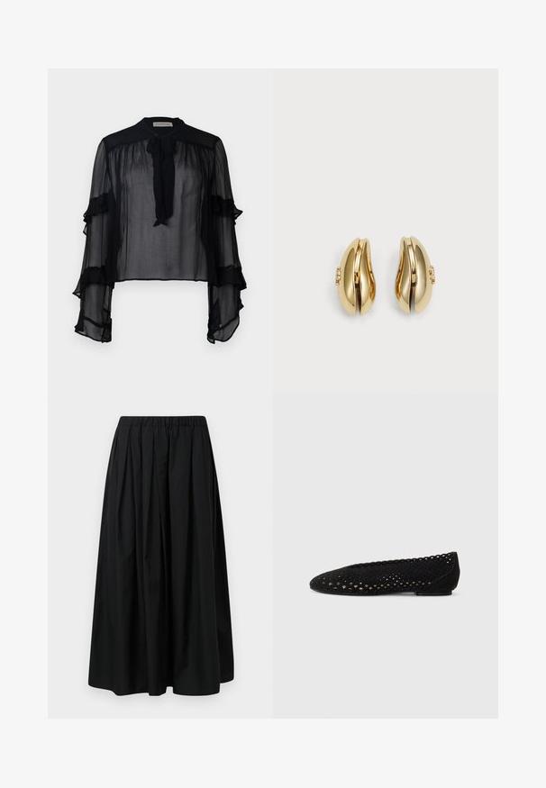 Juoda permatoma palaidinė su ilgomis, raukšlėtomis rankovėmis ir kaklo kaklaraiščiu. Pagaminta iš lengvos medžiagos ir laisvų kirpimų, tinkama sluoksniavimui.; Juoda klostuota sijonas, pagamintas iš lengvos medžiagos, su elastinga juosmens juosta. Grindims ilgis su lygia tekstūra ir minimalistiniu dizainu.; Juodi balerinai, pagaminti iš perforuoto zomšo, su apvaliu kojų pirštu ir banguotais kraštais. Lygus padas su subtiliais paviršiaus detalėmis.; Aukso spalvos auskarai su srauniu, kreiviu dizainu. Kiekvienas auskoras turi lygų paviršių ir mažą užsegimą su dekoratyviu akcentu.