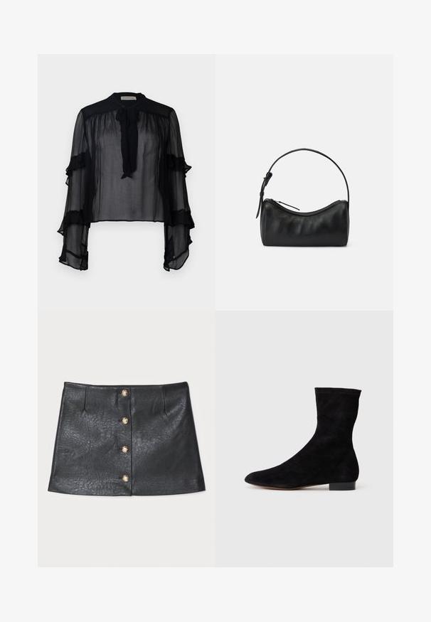 Blusa nera trasparente con maniche lunghe a ruches e colletto da annodare. Realizzata in tessuto leggero e con una vestibilità ampia, adatta per essere indossata a strati.; Mini gonna in pelle nera con un design elegante, chiusura frontale con bottoni e dettagli dorati, e superficie testurizzata con una leggera lucentezza.; Stivale alla caviglia in suede nero con gambale aderente, punta affusolata e tacco a blocco basso. Texture liscia e design minimalista, adatto per uno stile versatile.; Borsa a tracolla in pelle nera con un design curvo, chiusura a zip e una tracolla sottile. Presenta una texture liscia e dettagli di cucitura discreti.
