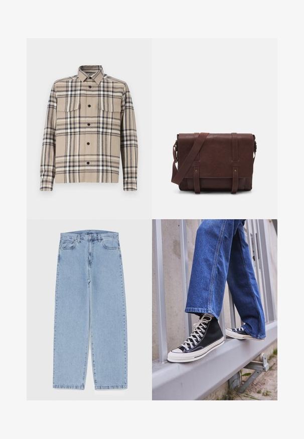 Béžova karo srajca-jaket iz tkanine, z dvema žepoma na prsih, gumbom za zapiranje in črnimi akcenti v vzorcu karirice.; Bela bombažna majica brez rokavov z okroglo izrezom, širokimi naramnicami in ravnim robom, ki se ponaša z gladko teksturo in brez vidnih vzorcev.; Svijetloplave traperice s ravnim nogavicama, srednjeg struka, pet džepova te zatvaranjem na gumb i munju.; Črne visoke teniske z belim podplatom in vezalkami, v kombinaciji z ohlapnimi modrimi džinsom, naslonjene na sivo ograjo.; Rjava usnjena torba za sporočila z ravnim sprednjim poklopcem, dvema trakovoma, zlatimi kovinskimi detajli in nastavljivim naramnim pasom.