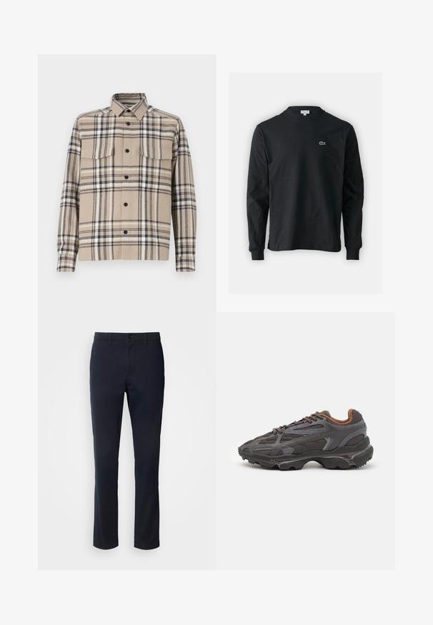 Giacca camicia a quadri beige realizzata in tessuto intrecciato, con due tasche sul petto, chiusura a bottoni e dettagli neri nel motivo a quadri.; T-shirt a maniche lunghe nera in cotone, con scollatura rotonda e un piccolo logo di coccodrillo ricamato in verde sul lato sinistro del petto.; Pantaloni blu navy realizzati in tessuto liscio, con un design a gamba dritta, passanti per cintura e chiusura con bottone e zip.; Sneaker Lacoste grigie scure in materiale mesh e sintetico, con suola testurizzata e dettagli marroni sul colletto e sul branding.