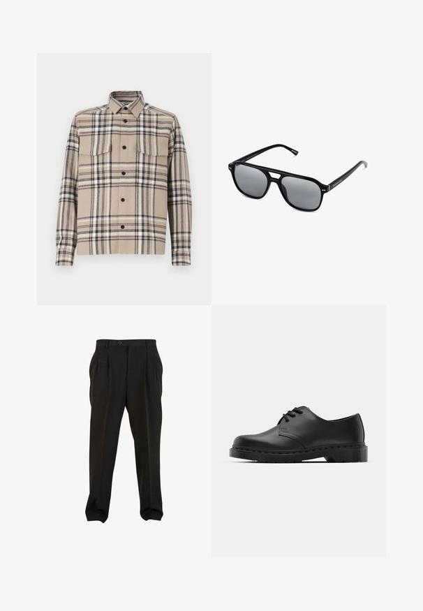 Giacca camicia a quadri beige realizzata in tessuto intrecciato, con due tasche sul petto, chiusura a bottoni e dettagli neri nel motivo a quadri.; Pantaloni neri in tessuto morbido, con pieghe frontali, vita con bottone e polsini a gamba affusolata. Silhouette classica e sartoriale.; Scarpa oxford in pelle nera con design con lacci, punta arrotondata, suola piatta in gomma e dettagli di cucitura discreti lungo la parte superiore.; Occhiali da sole neri con montatura rettangolare, lenti grigie oscurate e design con intaglio sul ponte. Materiale plastico lucido e slanciato, con tempie sottili.