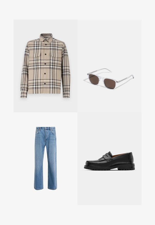 Giacca camicia a quadri beige realizzata in tessuto intrecciato, con due tasche sul petto, chiusura a bottoni e dettagli neri nel motivo a quadri.; Jeans in denim blu chiaro con design a gamba dritta, cinque tasche, chiusura con bottone, leggero sbiadimento e dettagli di cucitura a contrasto.; I mocassini in pelle nera presentano una cucitura sollevata, due fasce decorative sulla parte superiore e una suola spessa e texture per una maggiore aderenza.; Occhiali da sole trasparenti in plastica con lenti rettangolari marroni, dotati di sottili aste trasparenti e dettagli in metallo sulle tempie.