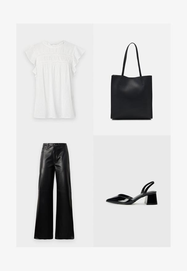 White short-sleeve blouse, featuring ruffled sleeves, gathered front with lace detail, and a textured pattern on lightweight fabric.; Black high-waist wide-leg faux leather pants with front button, zip closure, belt loops, and side pockets on white background.; Black patent leather slingback heels with a pointed toe and a geometric block heel. Features a sleek, minimal design and smooth texture.; Black leather tote bag with smooth texture, rectangular shape, and two long handles. No visible hardware or embellishments.