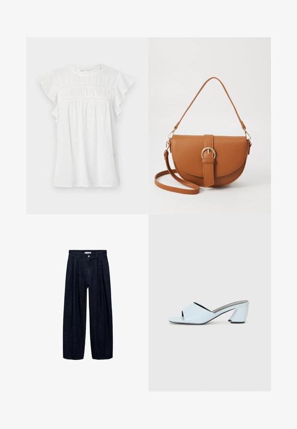 Bluză albă cu mâneci scurte, având mâneci volanate, față fronsată cu detalii din dantelă și un model texturat pe un material ușor.; Pantaloni largi din denim închis, cu pliseuri la talie, având un button frontal și pasaje pentru curea. Textură netedă și design pe întreaga lungime.; Muli cu toc deschis la culoare, de un albastru deschis, cu vârf deschis și un design geometric, având o curea lata peste picior și un toc masiv, unghiular.; Geantă din piele maro, tip crossbody, cu o formă curbată, accesorii aurii și un accent cu cataramă. Dispune de un curea de umăr detașabilă.