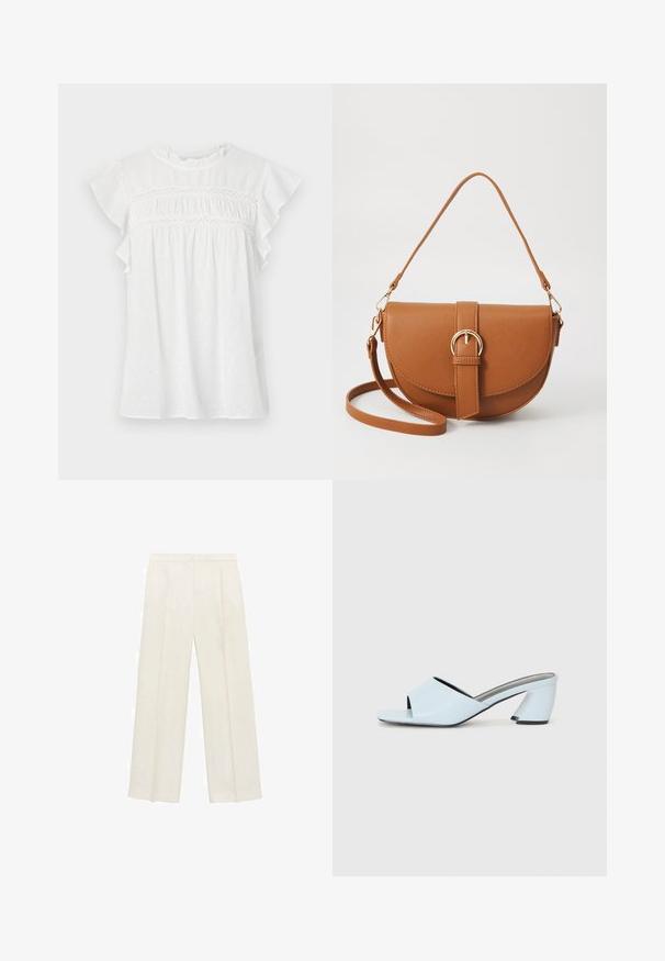 Bijela bluzica kratkih rukava, s volanima na rukavima, naboranim prednjim dijelom s čipkastim detaljem i teksturiranim uzorkom na laganoj tkanini.; Hlače širokog kroja u svijetloj krem boji. Izrađene su od glatkog materijala s plisama sprijeda i bočnim džepovima.; Svijetloplave sandale na visoku petu s otvorenim prstima, s geometrijskim dizajnom, koje imaju široku traku preko stopala i debelu, kutnu petu.; Smeđa kožna torba preko tijela s zakrivljenim oblikom, zlatnim metalnim detaljima i naglaskom na kopču. Ima odvojivu naramenicu.