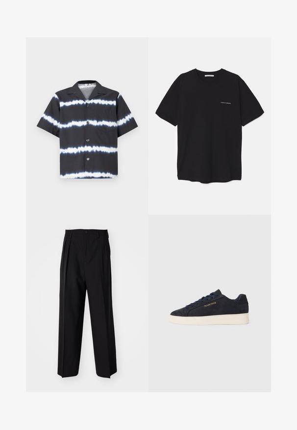 Camicetta a maniche corte nera con strisce a tie-dye bianche, dotata di chiusura a bottoni, colletto e una tasca sul petto. Realizzata in tessuto morbido.; T-shirt in cotone nero con collo rotondo, maniche corte e stampa bianca del logo sul lato sinistro del petto. Design semplice e monocromatico.; Pantaloni neri a pieghe con un design dritto e gamba larga. Realizzati in tessuto morbido, con chiusura a bottone e passanti per cintura.; Sneaker bassa in suede blu navy con suola bianca, lacci blu navy e logo "Filling Pieces" in oro sul lato.