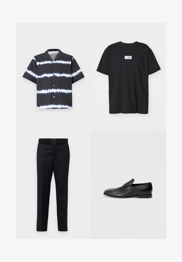 Krátky rukáv, čierna košeľa s bielymi pruhmi v štýle tie-dye, so zapínaním na gombíky, golierom a jednou náprsné vrecko. Vyrobená z jemnej látky.; Čierne bavlnené tričko s okrúhlym výstrihom, krátkymi rukávmi a obdĺžnikovou bielou nálepkou so číslami a grafickým dizajnom.; Čierne nohavice na mieru majú hladkú tkaninu, rovný strih a opasok s obdĺžnikovou sponou. Výrazné predné skladky zvýrazňujú dizajn.; Čierne kožené poltopánky bez šnúrok s ostrou špičkou, hladkou textúrou a diskrétnym logom na boku. Nízky podpätok s čistým, minimalistickým dizajnom.