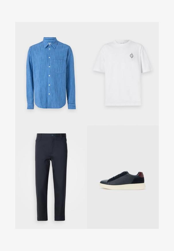 Cămașă albastră cu mânecă lungă, cu dungi orizontale. Prezintă un nasture la partea din față, guler și un buzunar pe piept. Fabricată dintr-un material texturat.; Tricou alb din bumbac cu o croială lejeră, având un mic logo grafic negru în zona stângă a pieptului. Mâneci scurte, stil guler rotund.; Pantaloni ajustați bleu marina dintr-un material neted, cu un buzunar cu fermoar, picioare drepte și o închidere cu nasture la talie.; Sneakeruri pentru bărbați, cu talpă joasă, din piele neagră și suede, cu tab cuum maron și talpă din cauciuc alb, văzute din partea exterioară.