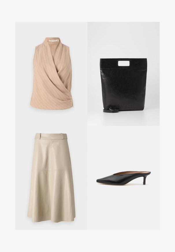 Beige sleeveless top with a wrap design, featuring white vertical stripes. Made from lightweight fabric with a smooth texture.; Beige leather midi skirt with a smooth texture, wide waistband, and flared hem; features stitched seams for added detail.; Black leather mules with a pointed toe and low, block heel. Smooth texture with a sleek design. Open back with minimal detailing.; Black leather tote bag with a square handle, featuring a textured finish and embossed logo. Includes a detachable strap.