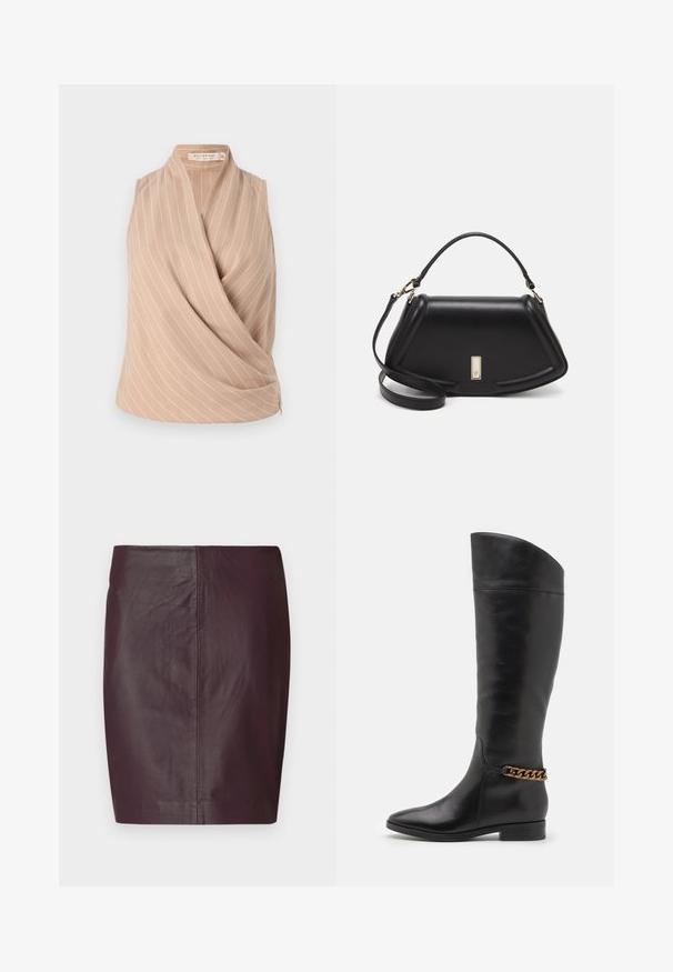 Beige mouwloze top met een wikkeldesign, voorzien van witte verticale strepen. Gemaakt van lichtgewicht stof met een zachte textuur.; Donker bordeauxleder rok met een gladde textuur, een aansluitend ontwerp en een rechte pasvorm. Bevat minimale naden en geen zichtbare hardware.; Hoge zwarte leren laarzen met een slank ontwerp, spitse neus en een gouden kettingaccent bij de enkel. Lage blokhak. Glad textuur.; Zwarte leren handtas met een gestructureerd ontwerp, featuring een verkorte vorm, bovenhandvat en gouden hardwareaccent. Inclusief verstelbare schouderband.