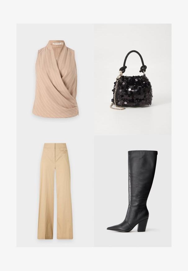 Béžový top bez rukávov s prekrývací konštrukciou, ktorý má biele vertikálne pruhy. Vyrobený z ľahkej látky s hladkým povrchom.; Bežové nohavice so širokými nohavicami vyrobené z kombinácie bavlny. Majú hladkú textúru, elastický pás a detail s bočnými gombíkmi.; Čierna kožená čižma po kolená s špicatou špičkou a masívnym vysokým podpätkom, zobrazená v profilu zľava na bielom pozadí.; Čierna mini kabelka so štrasom, s uzlovým textúrovaným popruhom a strieborným reťazom. Guľatý tvar s riaseným vrchom a reflexnými detailmi.