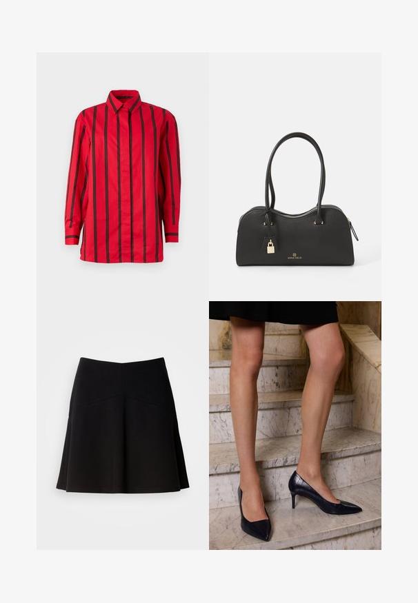 Red button-up shirt with vertical black stripes, long sleeves, a collar, and a straight hem. Made of lightweight fabric.; Black flared skirt made from soft fabric, featuring a fitted waistband and seam detailing. Smooth texture with a simple, classic design.; Navy blue high-heeled shoes with a pointed toe, featuring a smooth and textured finish resembling crocodile skin.; Black handbag made of textured synthetic material with a curved design, gold hardware, two handles, and a detachable lock accent.