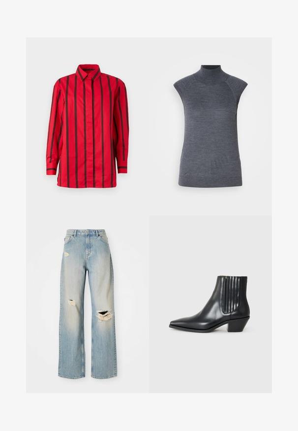 Červená košeľa na zapínanie s vertikálnymi čiernymi pruhmi, s dlhými rukávmi, golierom a rovnými lemami. Vyrobená z ľahkej tkaniny.; Sivý bezrukávový rolák, priliehavý strih, žebrovaná textúra, hladká látka, vysoký golier a štýlové výrezy na pleciach.; Svetlomodré džíny s rovnými nohavicami, vysokým pásom, pútkami na opasok a poškodenými roztrhnutiami na ľavom stehne, pravom kolene a na dolnej časti ľavej nohy.; Čierna kožená členková topánka s špicatou špičkou, elastickými bočnými panelmi s vertikálnymi drážkami a nízkym blokovým podpätkom. Hladká textura a elegantný dizajn.