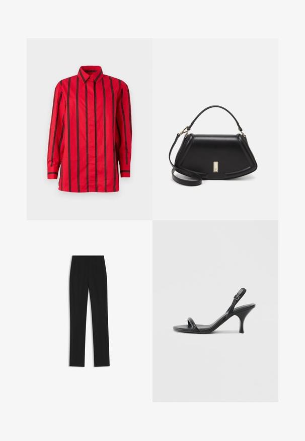 Czerwona koszula zapinana na guziki z pionowymi czarnymi paskami, długimi rękawami, kołnierzykiem i prostym dołem. Wykonana z lekkiego materiału.; Czarne spodnie o dopasowanym kroju z prostymi nogawkami, z przednimi kieszeniami i gładką, teksturowaną tkaniną. Schludne, minimalistyczne wykończenie.; Czarne skórzane sandały na wysokim obcasie z cienkim, zakrzywionym obcasem i skrzyżowanym wzorem pasków. Regulowany pasek na kostkę. Gładka faktura.; Czarna skórzana torebka o strukturalnym designie, z przyciętą formą, górnym uchwytem i złotymi akcentami. W zestawie regulowany pasek na ramię.