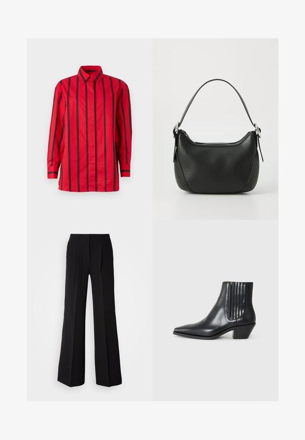 Cămașă roșie cu nasturi, cu dungi verticale negre, mâneci lungi, guler și hem drept. Fabricată dintr-un material ușor.; Pantaloni negri dintr-un material neted, având talie înaltă, croială largă și două plii frontale pentru un detaliu de design suplimentar.; Cizme negre din piele, până la gleznă, cu vârful ascuțit, panouri elastice pe laterale cu striații verticale și toc mic, de tip bloc. Textură netedă și design elegant.; Geantă de mână din piele neagră cu o formă curbată, fermoar argintiu și o mânere scurtă. Previne un logo subtil pe față și o textură netedă.
