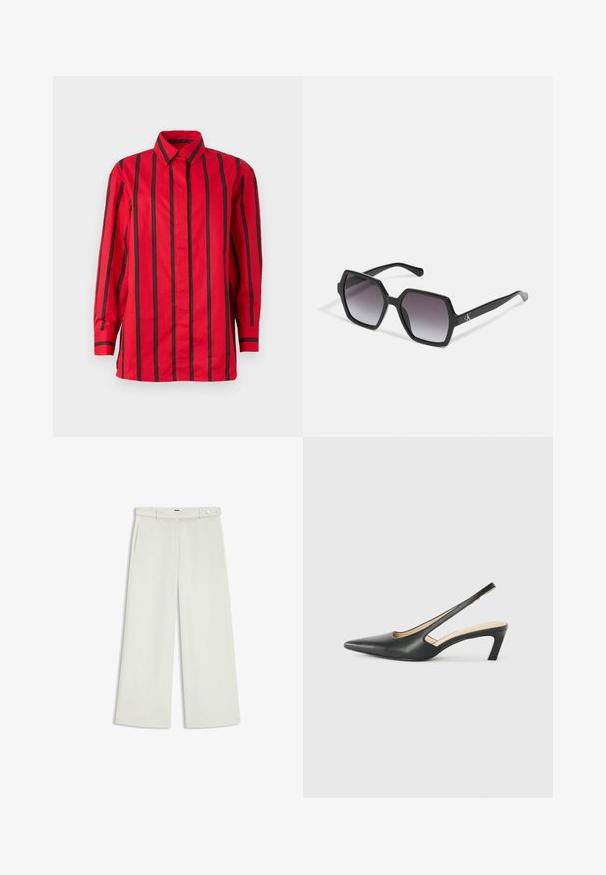 Red button-up shirt with vertical black stripes, long sleeves, a collar, and a straight hem. Made of lightweight fabric.; Wide-leg pants in light cream fabric, featuring side pockets, a flat front, and a single button closure at the waist. Smooth texture.; Black pointy-toed slingback shoe with a low heel, featuring smooth leather material and cut-out design on the side for breathability.; Black hexagonal sunglasses with gradient lenses, featuring a glossy finish and subtle branding on the temple. Durable plastic construction.