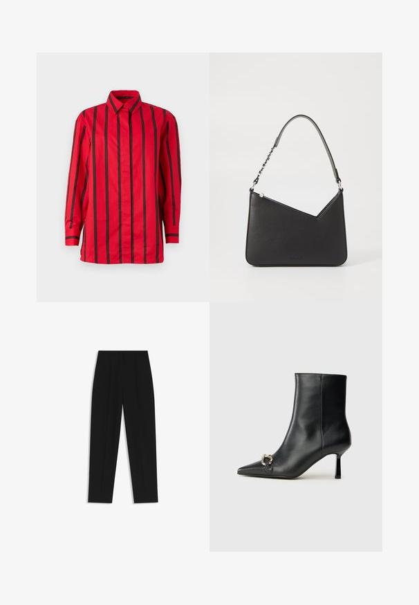 Red button-up shirt with vertical black stripes, long sleeves, a collar, and a straight hem. Made of lightweight fabric.; Black trousers with a straight fit, featuring double pleats, a smooth texture, and a classic waistband design. No visible hardware or accents.; Black leather ankle boot with pointed toe, slim mid-height heel, and silver buckle detail on side against plain background.; Black leather handbag with a triangular shape, a slim strap, and silver hardware. Features a zip closure and embossed logo on the front.