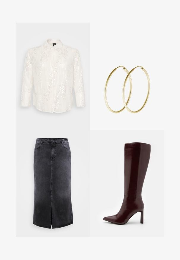 White button-up shirt featuring a sequin embellishment throughout, long sleeves, a classic collar, and a relaxed fit.; ONLY Carmakoma CARCILLA LONG SLIT SKIRT - Maxi skirt - washed black; Even&Odd Boots - dark red; Gold hoop earrings featuring a smooth, rounded design with a shiny finish. Lightweight construction with a secure clasp closure.