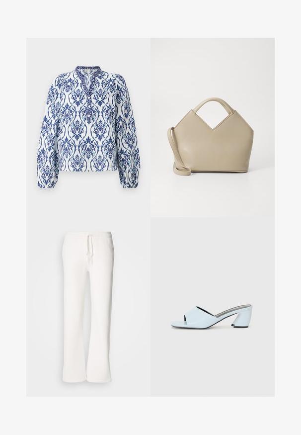 Garais piedurkņu blūze baltā krāsā ar zilu un akvamarīna ziedu rakstu, ar stāvošu apkakli un saplacinātiem piedurkņu galiem, izgatavota no viegla auduma.; Baltas, brīvi pieguļoši sporta bikses, izgatavotas no mīkstas auduma, ar elastīgu jostu un aukliņu, kā arī taisna kāju dizainu.; Gaiši zilas atvērtā purngala papēžu mūlas ar ģeometrisku dizainu, kas ietver platu siksnu pāri pēdai un masīvu, stūrainu papēdi.; Beidzis struktūrēts rokassomu ar V formas augšdaļu, no gludas ādas materiāla, īsām rokturiem un garu regulējamu siksnu. Minimalistisks dizains.