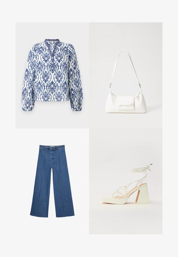 Bílá blůza s dlouhými rukávy a květinovým vzorem v modré a akvamarínové barvě, s vysokým límečkem a nařasenými manžetami, vyrobená z lehkého materiálu.; Džíny s širokými nohavicemi v středně modré barvě, se zvýšeným pasem, knoflíkovým zapínáním a kontrastními vertikálními švy vpředu.; Bílé sandály na vysokém podpatku s robustním podpatkem, s designem s pásky a zavazováním kolem kotníku. Hladký povrch s platformou vpředu pro zvýšení výšky.; Bílá syntetická kabelka v trojúhelníkovém tvaru, s plochým předním klopným víkem a detailem mašle, nastavitelným popruhem, hladkým povrchem a minimalistickým designem.