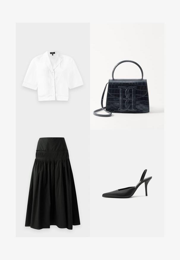 Valkoinen lyhythihainen cropped-paita nappikiinnityksellä, jossa on terävä kaulus. Paidassa on hienovarainen teksturoitu ommel helman ympärillä ja sileä kankaan pinta.; Mustat polvipituiset hameet, jotka on valmistettu sileästä kankaasta. Hameessa on tiukka vyötärö ja kerroksellinen muotoilu, joka lisää täyteläisyyttä.; Mustat remmisandaalit korkealla korolla, teräväkärkiset, sileä nahkamateriaali ja tyylikäs, minimalistinen muotoilu. Korkea stiletto-korko.; Musta krokotiilivoimalla painettu nahkakäsilaukku, jossa on jämäkkä muotoilu, yläkahva, säädettävä hihna ja erottuva etuosan logoyksityiskohta.