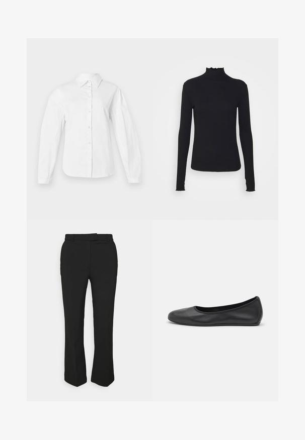 Valkoinen napapaita, joka on valmistettu sileästä puuvillakankaasta, klassisella kauluksella, pitkillä hihoilla ja suoran leikkauksen omaava nappisuljenta.; Musta pitkähihainen poolotoppi, joka on valmistettu sileästä kankaasta, jossa on röyhelökaulus ja tiukka siluetti yksinkertaisilla reunoilla.; Musta räätälöity housut suoran lahkeen muotoilulla, joissa on vyölenkit ja sivutaskut. Valmistettu sileästä kankaasta, jossa on siisti viimeistely.; Musta nahkainen ballerina, jossa on pyöristetty kärki, sileä pinta, minimaalinen ommelkoristelu ja joustava pohjamuotoilu.