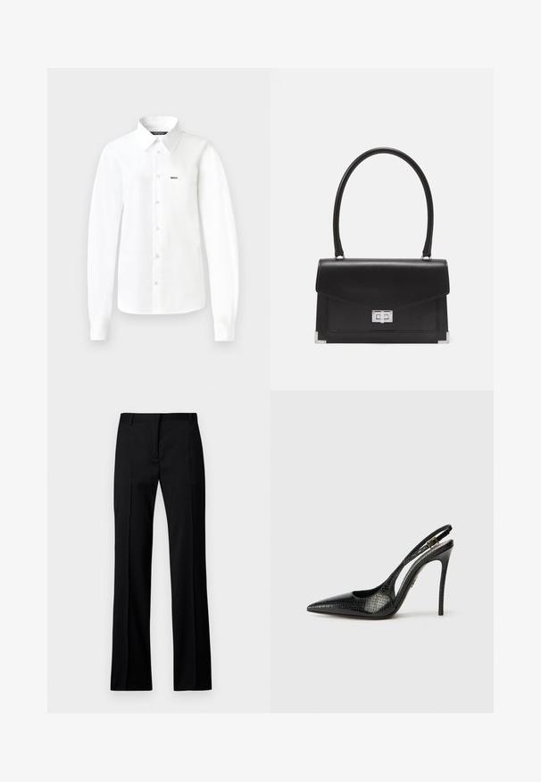 White long-sleeve button-up shirt made of smooth fabric, featuring a pointed collar, single chest pocket, and buttons down the front.; Black straight-leg trousers in smooth fabric, featuring a flat front, belt loops, and no visible pockets or embellishments.; Black slingback pump with a pointed toe, textured snake pattern, stiletto heel, and a decorative buckle on the strap.; Black leather handbag with a structured design, a top handle, and a silver clasp. Features corner accents and smooth texture.