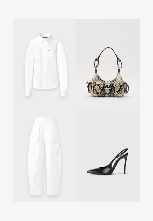 Bela srajca z dolgimi rokavi in gumbi, narejena iz gladkega blaga, z ostrim ovratnikom, enim žepom na prsih in gumbi spredaj.; Bele cargo hlače z ohlapnim krojem, več žepi na straneh in teksturirano blago, visoko pasom in gumbom za zapiranje.; Črne slingback čevlje s koničastim nosom, strukturiranim vzorcem kačjega usnja, stileto peto in okrasnim sponko na traku.; Python-ženska torba v bež in črni barvi, ki se ponaša z strukturirano obliko, podrobnostjo s sponko in dvema naramnicama. Teksturna površina.