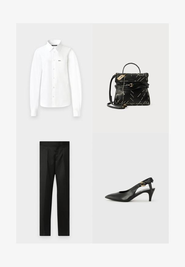 Biela košeľa s dlhým rukávom a gombíkmi, vyrobená z hladkej látky, s špicatým golierom, jednou náprsné vreckom a gombíkmi na prednej strane.; Čierne nohavice s hladkým materiálom, strihom na mieru, rovnými nohavicami a plochým pásom bez viditeľných zapínaní alebo vreciek.; Čierne kožené slingback lodičky s špicatou špičkou, malým opätkom a prackou na členkovom remienku. Hladká textura, minimalistický dizajn.; Čierna kožená kabelka s geometrickým bielym prešívaním, horným uchom a odnímateľným ramenným popruhom. Obsahuje zlaté akcenty a zipsové uzatváranie.