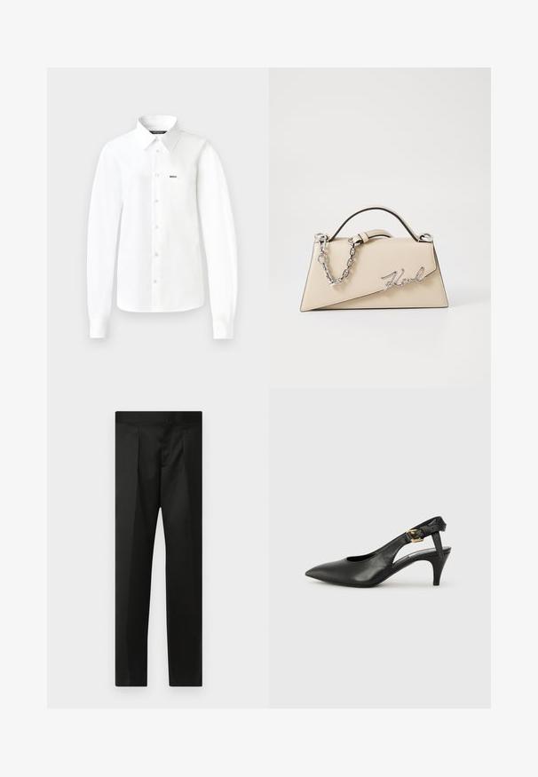 White long-sleeve button-up shirt made of smooth fabric, featuring a pointed collar, single chest pocket, and buttons down the front.; Black trousers featuring a smooth fabric, tailored design, straight legs, and a flat waistband with no visible closures or pockets.; Black leather slingback pump with a pointed toe, small heel, and a buckle detail on the ankle strap. Smooth texture, minimalist design.; Beige leather handbag with a structured, triangular shape, featuring a silver chain handle and a cursive logo in metal.