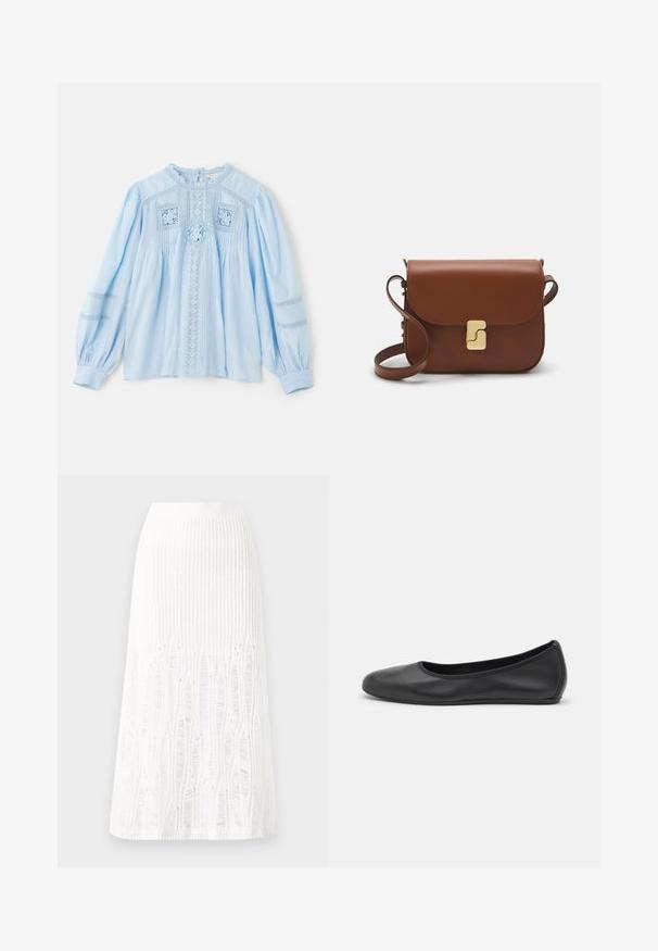 Világoskék blúz hosszú, puffos ujjakkal. Bonyolult hímzéssel, csipke részletekkel, redőzéssel és kerek nyakkivágással rendelkezik.; Fehér kötött midi szoknya, amelynek textúrája függőleges vonalakkal és kivágott részletekkel díszített az alján. Rugalmas derékpánt. Puha anyag.; Fekete bőr balettcipő lekerekített orral, sima tekstúrával, minimális varrással és rugalmas talp kialakítással.; Barna bőr kézitáska, hajtókás zárással, arany színű fém kiegészítőkkel, vállpánttal és sima felülettel. Kompakt téglalap alakú.