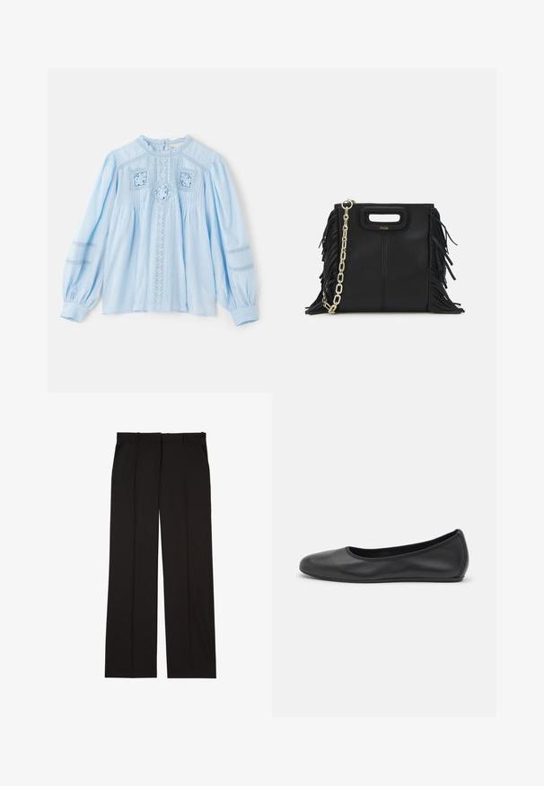 Light blue blouse with long, puffed sleeves. Features intricate embroidery, lace details, pleats, and a round neckline.; Black tailored trousers made of a smooth fabric, featuring a straight-leg design, and two side pockets. Elegant and minimalistic construction.; Black leather ballet flat with a rounded toe, smooth texture, minimal stitching detail, and a flexible sole design.; Black leather handbag with fringe details, gold chain shoulder strap, and a cut-out handle. Features logo placement on the front.