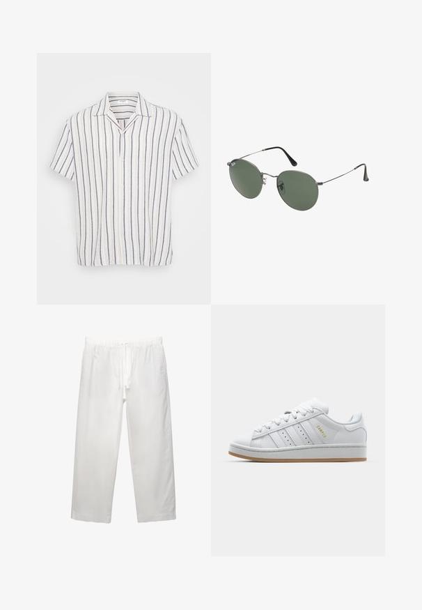 Koszula z krótkim rękawem, zapinana na guziki, z pionowymi paskami w kolorze białym, granatowym i jasnym beżowym. Wykonana z lekkiego materiału z kołnierzykiem typu spread.; Biała bawełniana koszulka z krótkim rękawem, okrągłym dekoltem i luźnym krojem. Gładka struktura bez widocznych wzorów czy akcentów.; Białe lniane spodnie z elastycznym pasem i sznurkiem, szerokimi nogawkami i czystymi szwami. Gładka tekstura z luźnym krojem.; Białe trampki z perforowanym wzorem trzech pasków, teksturowanymi akcentami, gumową podeszwą oraz złotym logiem "CAMPUS" z boku.; Okulary przeciwsłoneczne z metalową ramą i owalnymi zielonymi soczewkami. Cienka srebrna metalowa rama i czarne końcówki zauszników. Minimalistyczny design, bez widocznych logo.