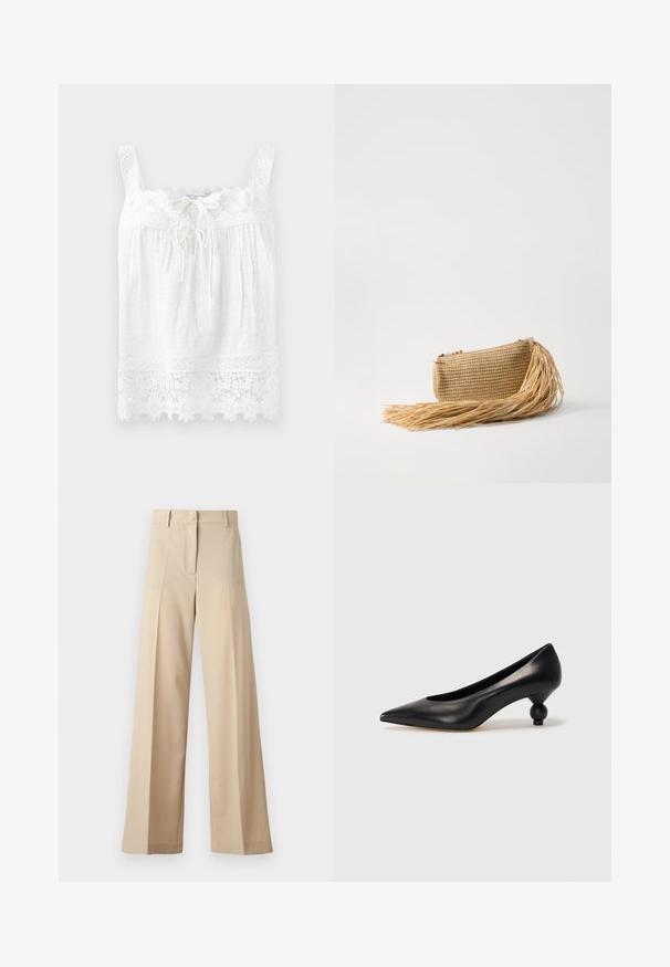 Vit ärmlös topp gjord av texturerat tyg. Har en spetskant vid halsringningen och fållen, med blommig broderi och dragsko fram.; Beiga vida byxor i mjukt tyg, med en flat front med veck, dragkedja och bälteshällor. Skräddarsydd passform.; Svart läderhögklackad sko med spetsig tå och rund, bollformad klack. Slät yta med en elegant, minimalistisk design.; Cult Gaia VIERA - Kuvertväska - natural