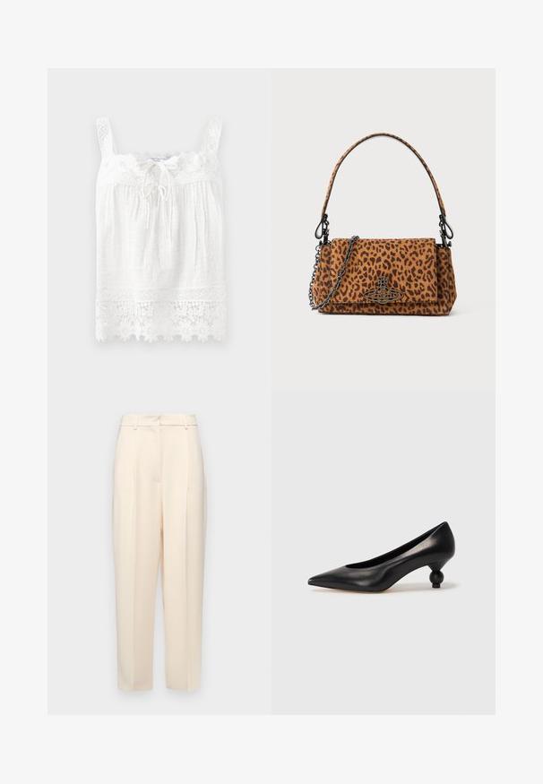 White sleeveless top made of textured fabric. Features a lace trim at the neckline and hem, with floral embroidery and a drawstring front.; Beige tailored trousers with a straight fit, featuring pleats at the front, a smooth texture, and a mid-rise waist. No visible pockets.; Black leather high heel shoe with a pointed toe and a round, balled heel. Smooth texture with a sleek, minimal design.; Leopard print handbag made of suede with a short handle, a chain strap, and a black hardware clasp. Rectangular shape with a flap closure.