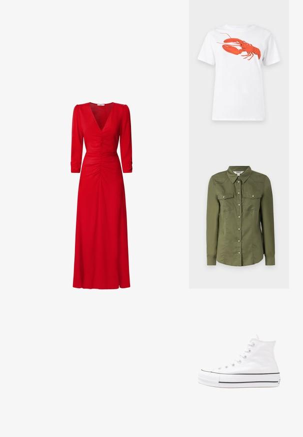 Cămașă verde măslinie cu nasturi, cu guler, mâneci lungi și două buzunare pe piept. Fabricată dintr-un material moale, cu un finisaj ușor texturat.; Tricou alb din bumbac, cu un grafic mare, viu colorat de homar roșu pe față. Mâneci scurte și un guler standard de tip crew neck.; Rochie roșie cu decolteu în V, mâneci trei sferturi și detalii pliate la talie și spate. Materialul pare neted și ușor.; Adidași albi tip pantofi sport cu glezna din pânză, cu talpă din cauciuc negru, capac de vârf din cauciuc frontal și șase ochiuri pentru șireturi, având un design curat și minimalist.; Geantă de mână din piele roșie, cu un design unghiular și geometric. Dispune de o singură curea ajustabilă și un sistem de închidere cu clapetă, cu detalii cusute.
