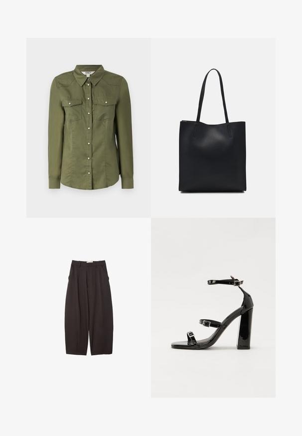 Oliven grøn skjorte med knapper og krave, lange ærmer og to brystlommer. Lavet af blødt stof med en let struktureret overflade.; Sorte brede bukser lavet af et glat stof, med høj talje, forfaldne folder og sidelommer. Simpelt design uden udsmykninger.; Sorte patenterede hælsandaler med firkantet tå, ankelremme og sølvspænder. Har en chunky blokHæl for stabilitet.; Sort læder tote taske med glat tekstur, rektangulær form og to lange hanke. Ingen synlig hardware eller udsmykninger.
